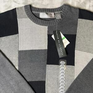 Oscar De La Renta Grandpa Sweater Men Large Gray Black Colorblock Acrylic Blend‎